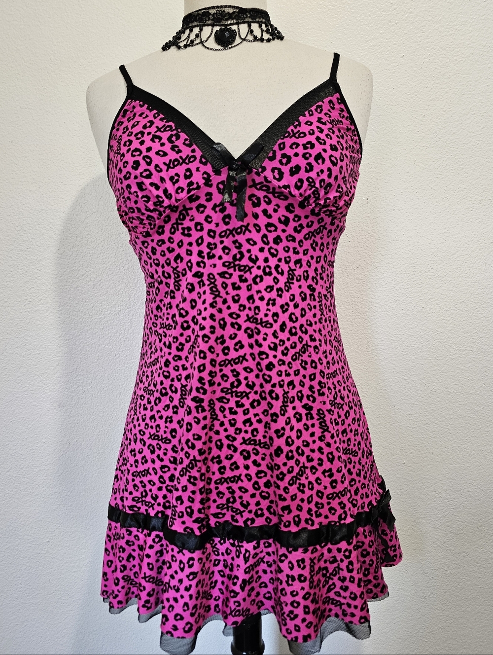 Y2K XOXO Hot Pink Leopard Print Chemise with Black Trim